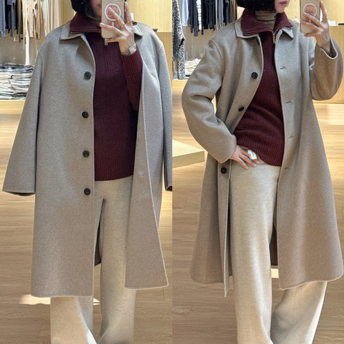 方领中长款加厚双面羊绒大衣女通勤知性老钱风外套