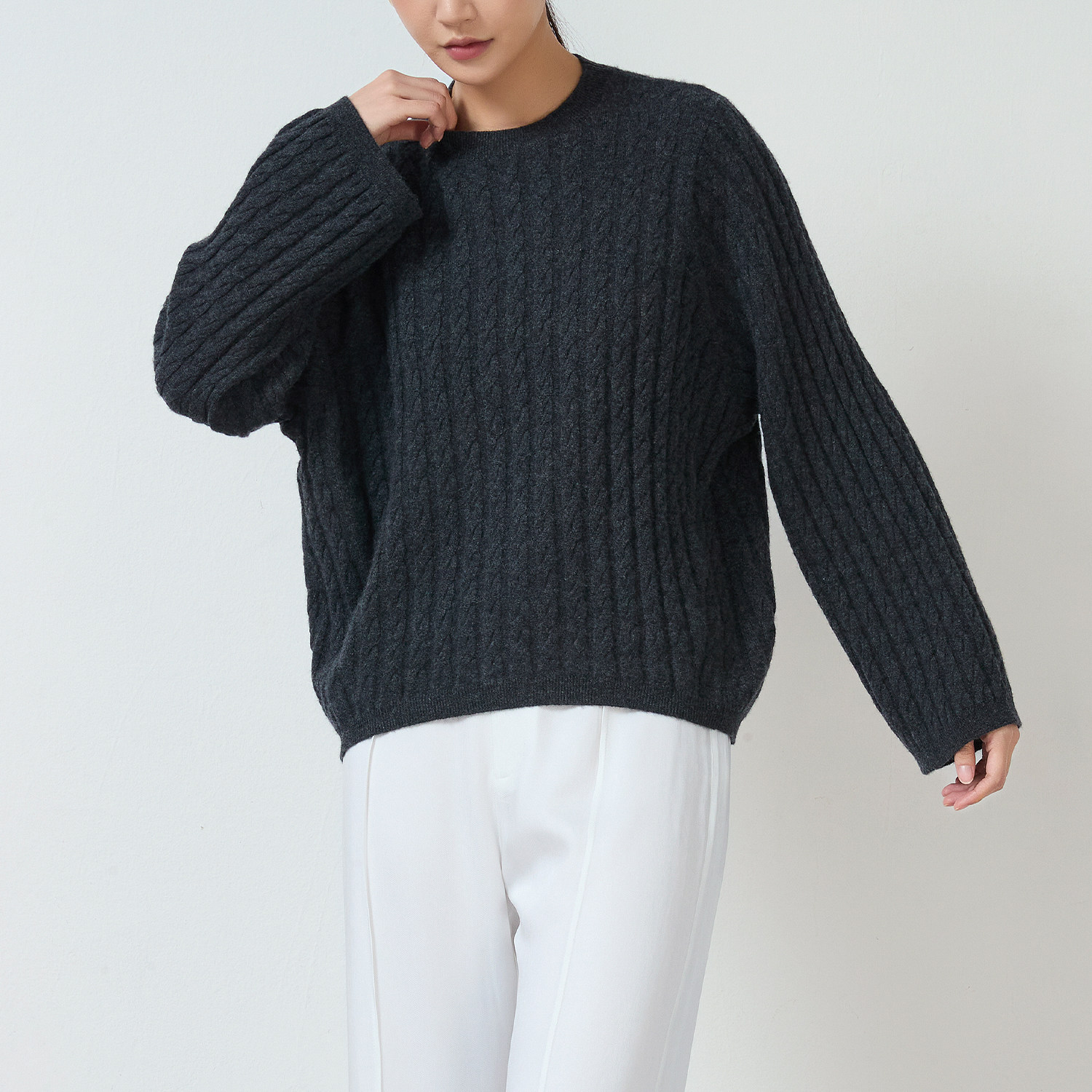 81HOURS 秋冬新款圆领长袖100%羊绒衫女宽松绞花纹理针织衫灰色女,女装/女士精品,羊绒衫,淘宝优惠券,粉丝福利购,淘宝优惠卷