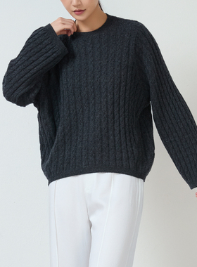 81HOURS 秋冬新款圆领长袖100%羊绒衫女宽松绞花纹理针织衫灰色女