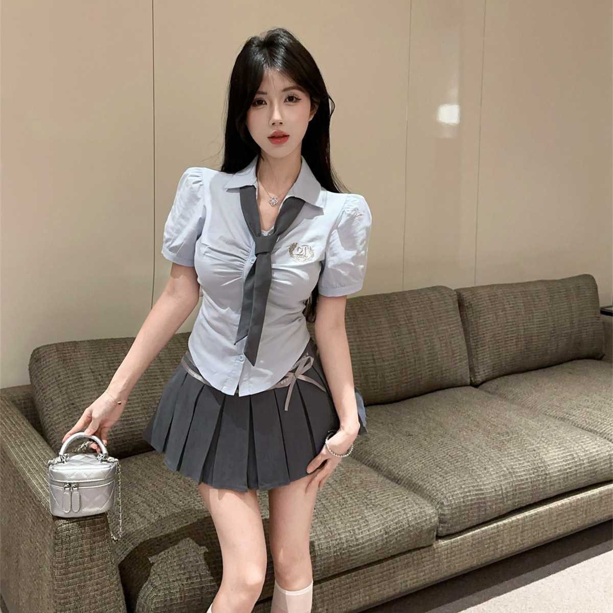 学院风套装jk制服修身衬衫减龄纯欲显瘦百褶裙工作服两件套女夏季