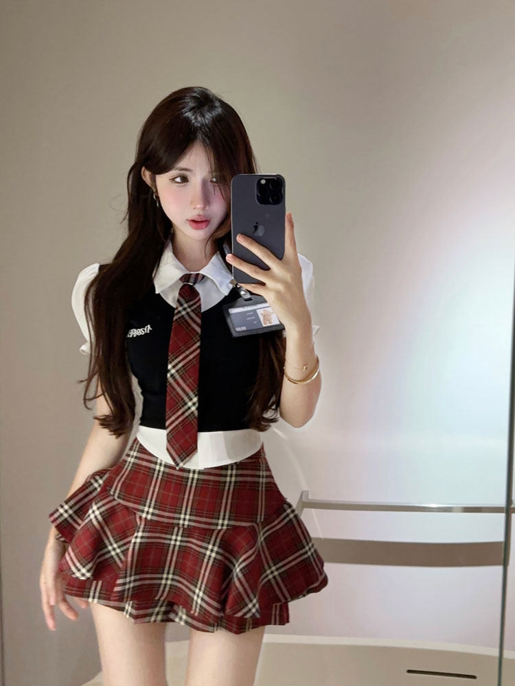 JK学院风纯欲两件套夏季假两件泡泡袖衬衫辣妹格子半身裙裤套装女