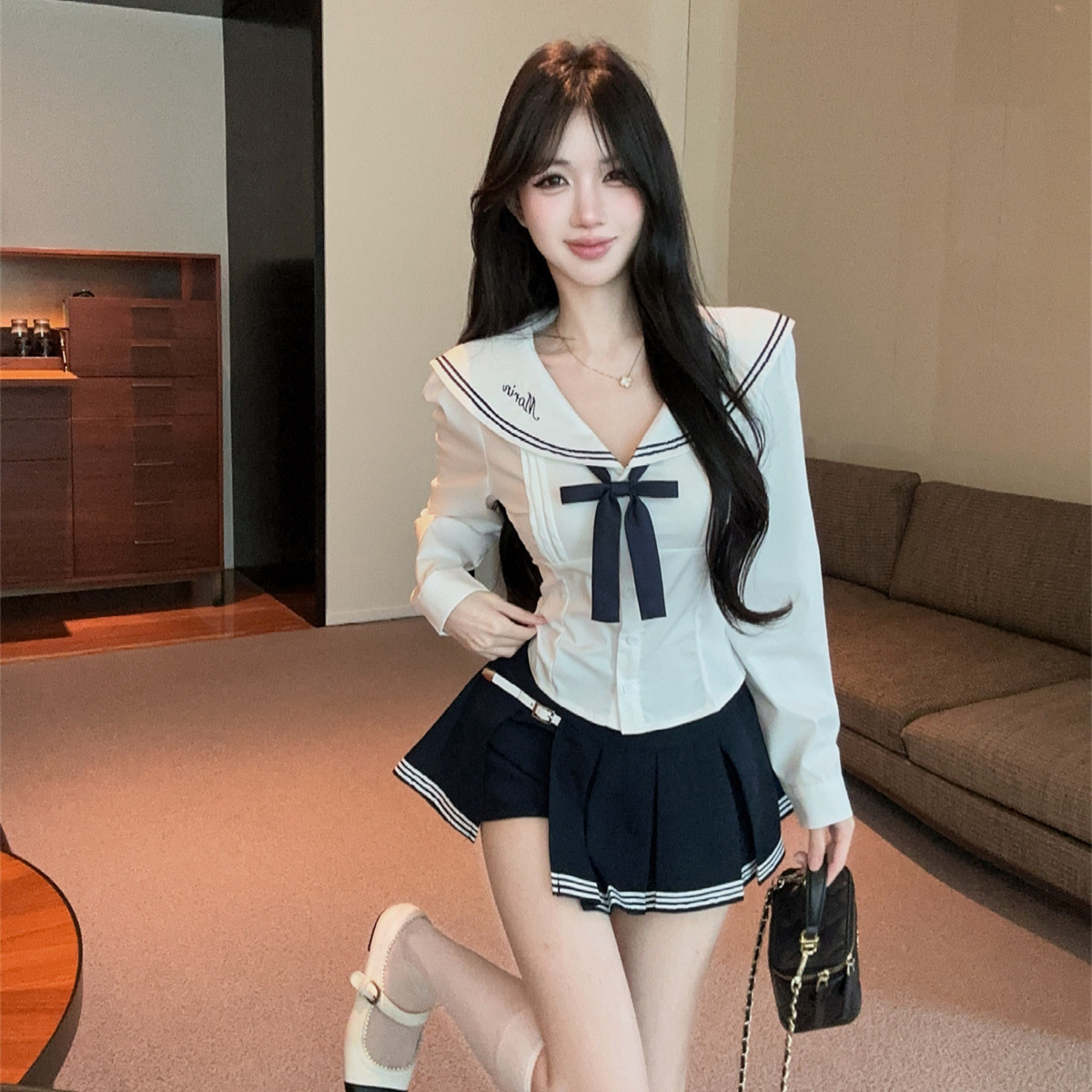 jk制服辣妹海军领长袖蝴蝶结衬衫高腰百褶短裙学院风套装女早秋