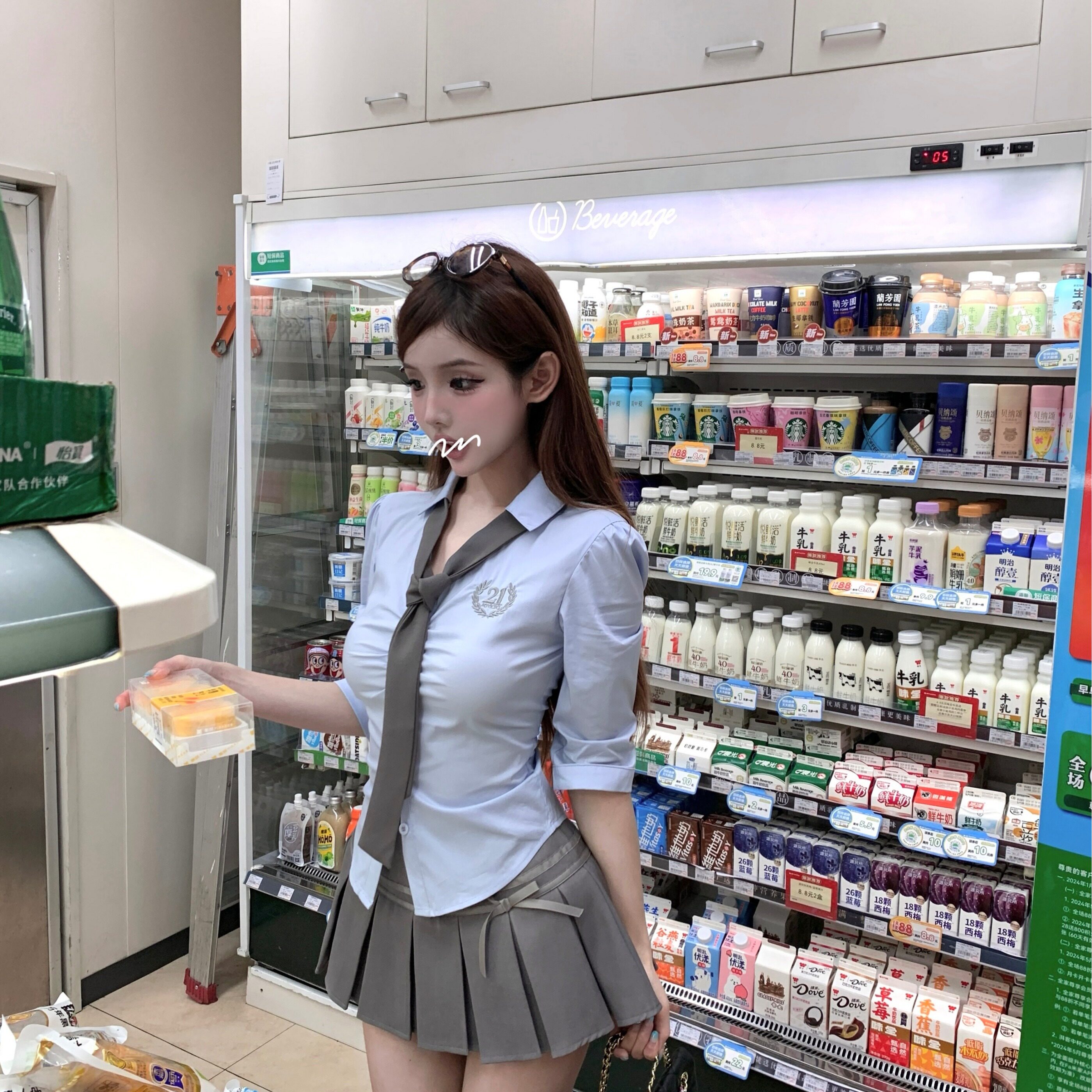 学院风日系套装辣妹蓝色收腰中袖衬衫JK制服百褶裙两件套美少女夏