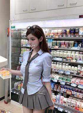 学院风日系套装辣妹蓝色收腰中袖衬衫JK制服百褶裙两件套美少女夏