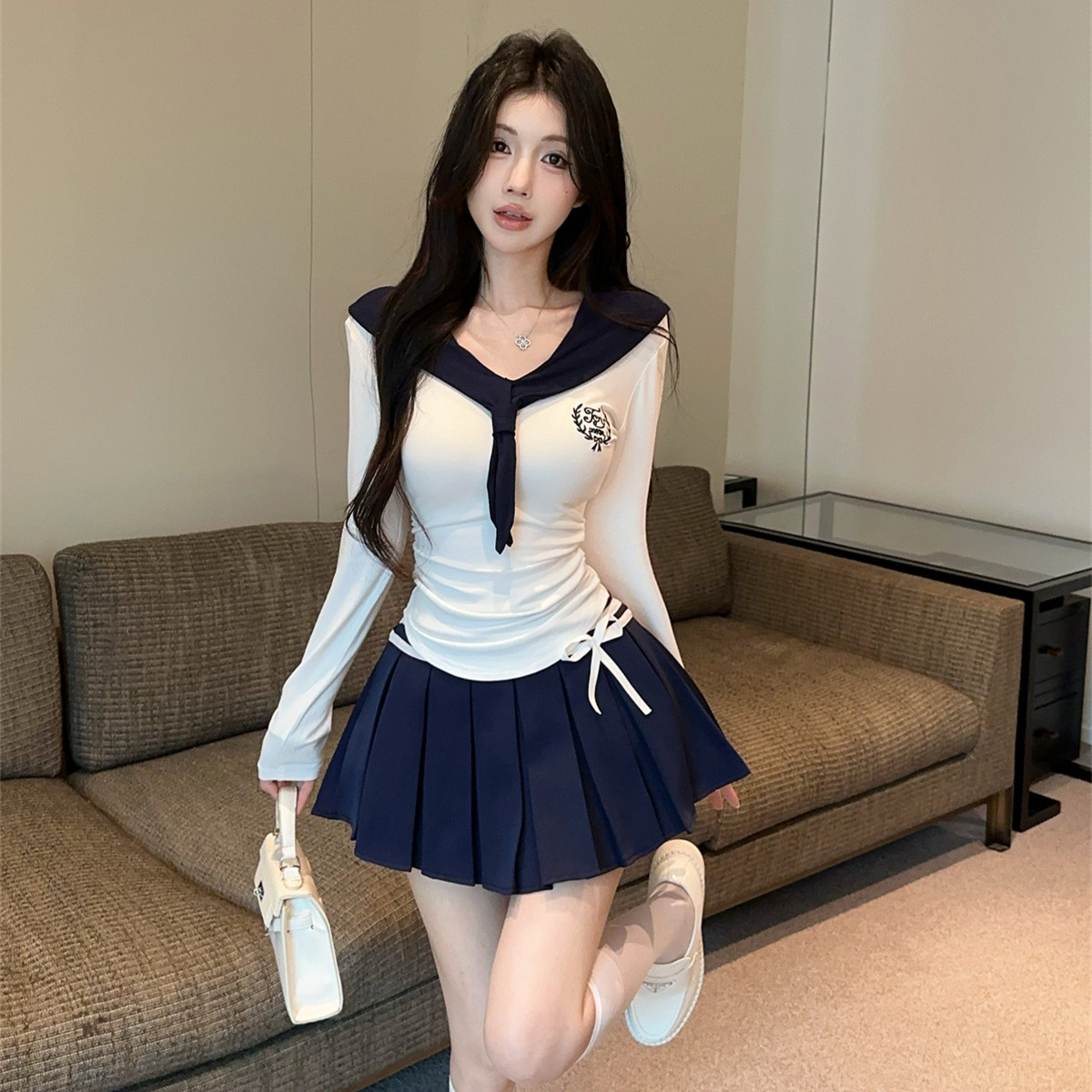 JK制服套装海军领长袖上衣辣妹百褶半身短裙两件套装女秋学院风