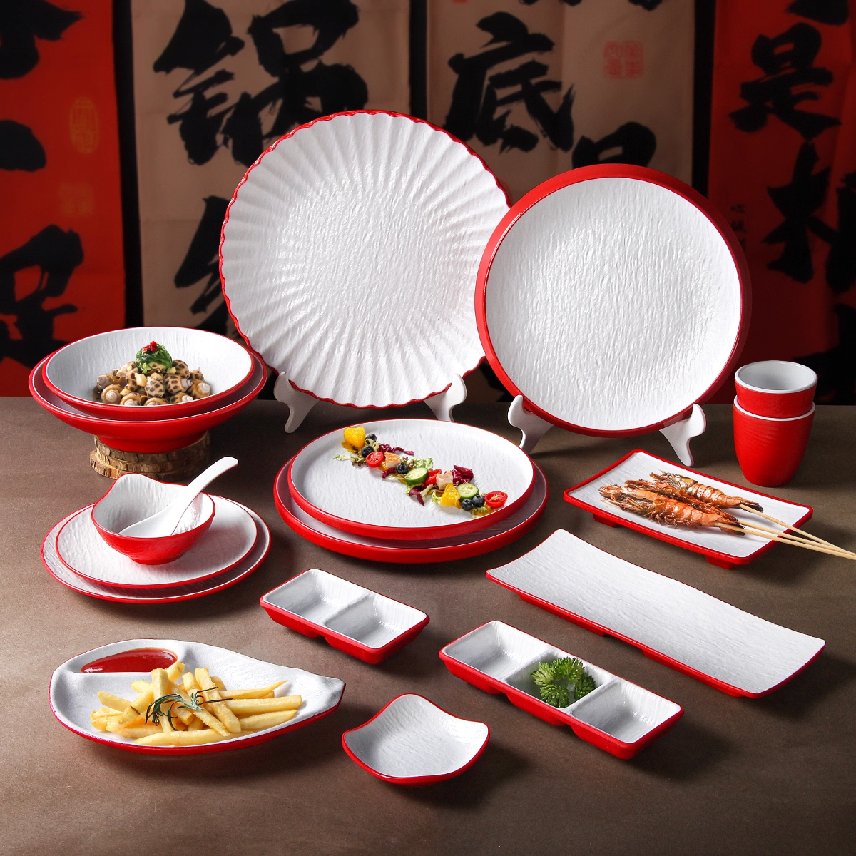 新款石纹红白盘子商用密胺餐具加厚圆盘酒店火锅自助餐摆盘炒菜盘