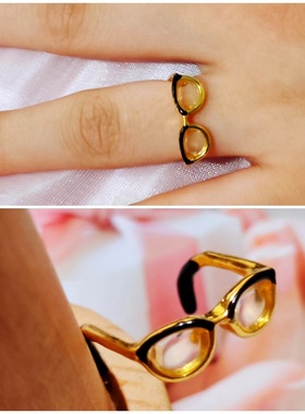 可爱眼镜仔~ins日韩森系少女开口戒指可调节珐琅涂色指环指扣尾戒