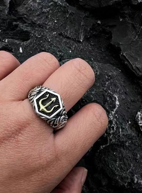 复古欧美风海神系类海洋三叉戟戒指男士个性海王战戒开口可调节