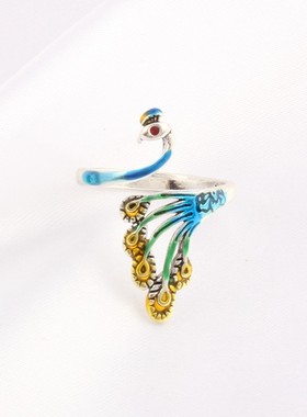 简约复古立体素银孔雀戒指女活口做旧饰品钩线带线戒指