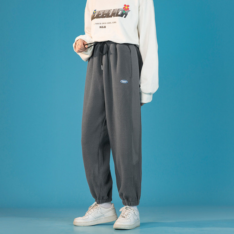 中性2021秋冬款宽松拼接摇粒绒阔腿束脚运动休闲裤H2067，女装休闲裤，电商A362