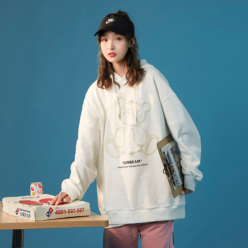 中性2021秋冬新款植绒小熊日系慵懒风宽松连帽卫衣H3507，女装卫衣/绒衫，电商A362