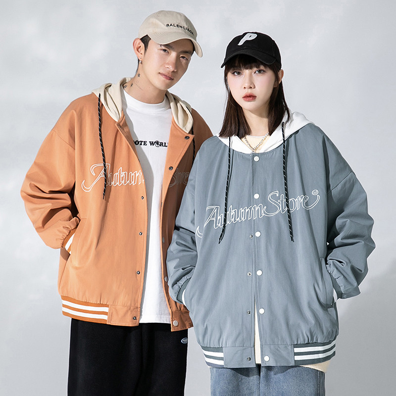 日系2021秋冬新款情侣男假两件潮牌连帽棒球服外H3610图片
