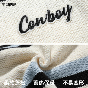 中性风2021秋冬新款日系宽松圆领刺绣打底条纹毛衣H4031图片