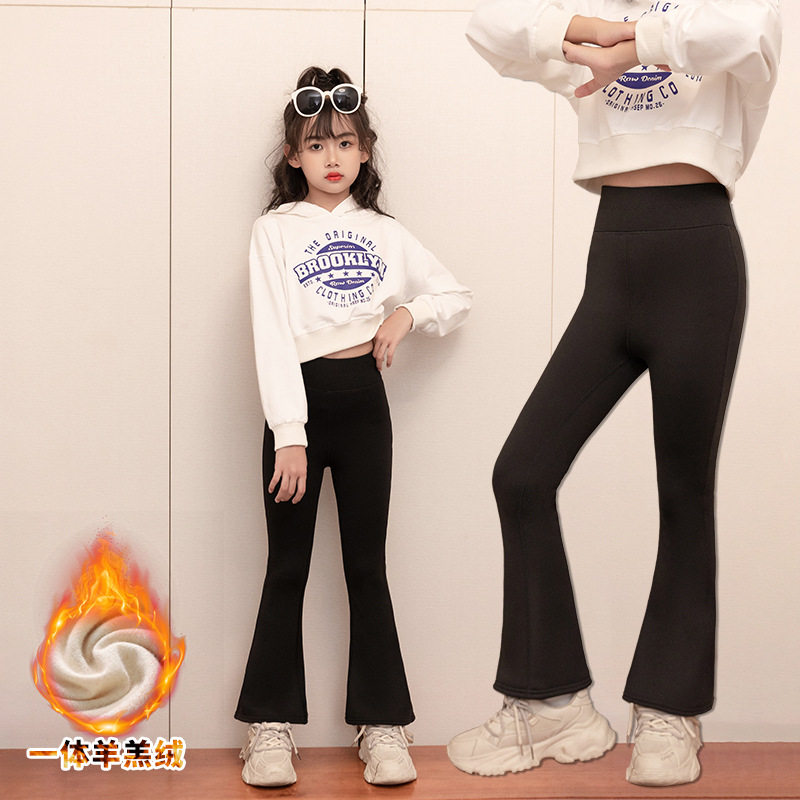 2025新款女童裤子秋冬加绒外穿新款儿童瑜伽舞蹈裤高腰鲨鱼喇叭裤