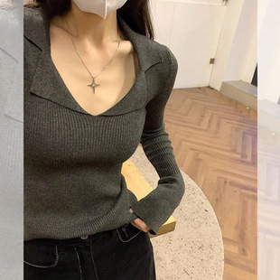 现货 polo领针织衫 女初秋薄款 设计感打底羊毛上衣毛衣 性感又可爱