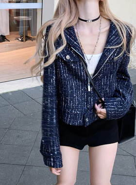 安妮霍尔 不一样的小香/蓝色连帽轻奢感小香夹克夹克外套时尚洋气