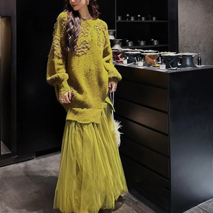 现货【清欢雪】秋冬氛围感毛衣拼纱裙秋冬时尚褶皱连衣裙名媛长袖