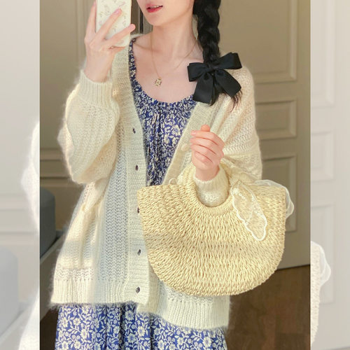法式镂空针织开衫毛衣女