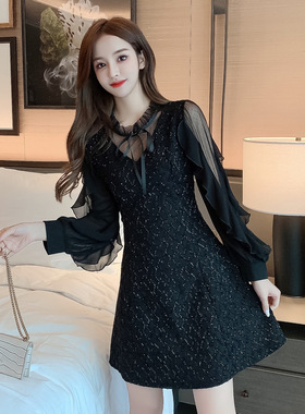 黑色连衣裙子女新款法式名媛收腰打底长袖赫本风高级感长袖连衣裙