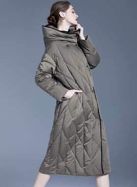 长款羽绒服女新款宽松大码长过膝加厚连帽白鸭绒冬季外套现代风
