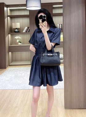 蓝色polo领天丝牛仔连衣裙女夏韩系复古设计感收腰显瘦a字衬衫裙