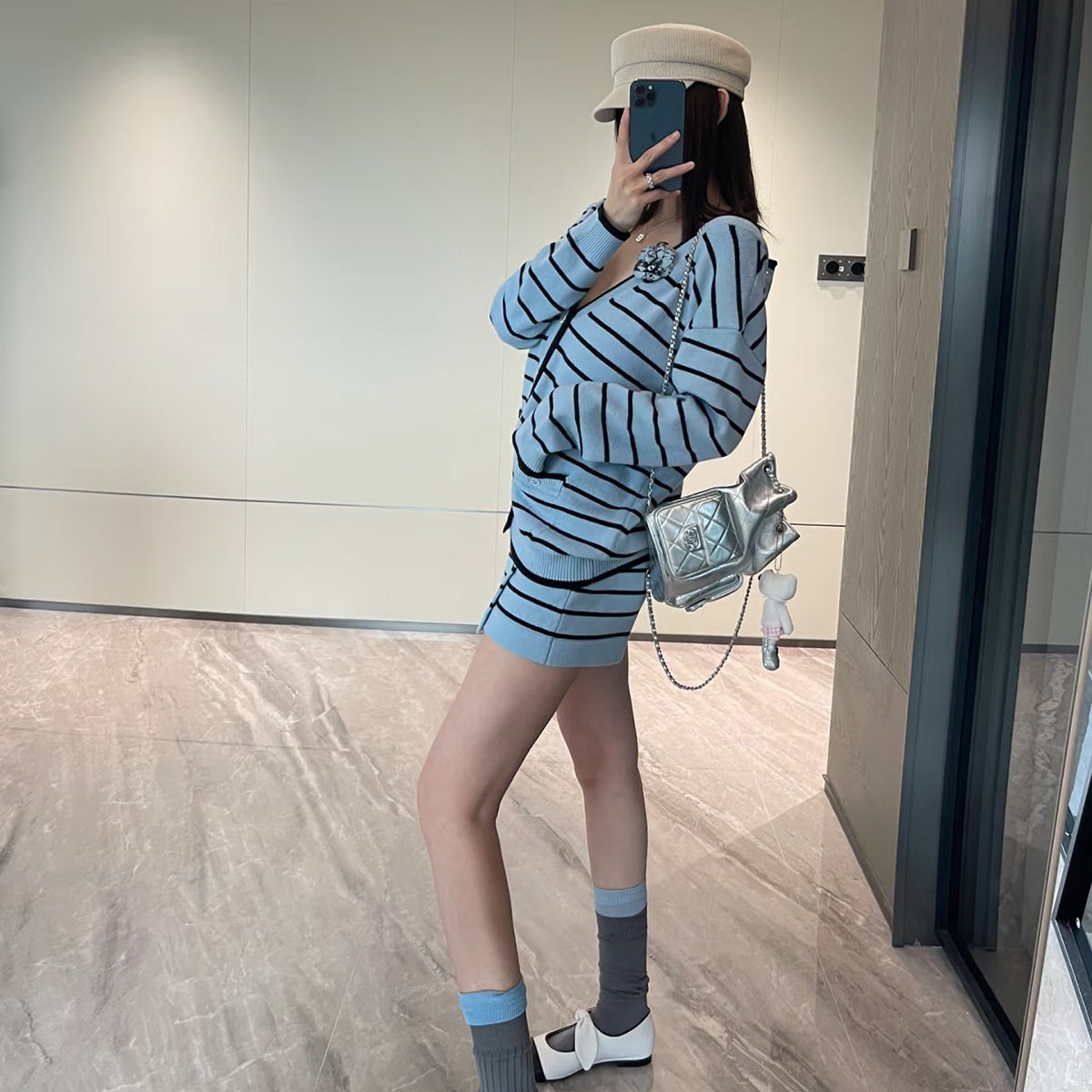 两色条纹小香针织开衫套装