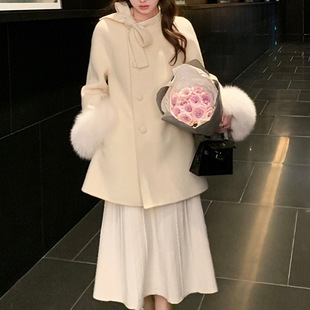 富家千金羊毛狐狸毛白色毛呢外套女法式斗篷大衣双面呢中长款女装