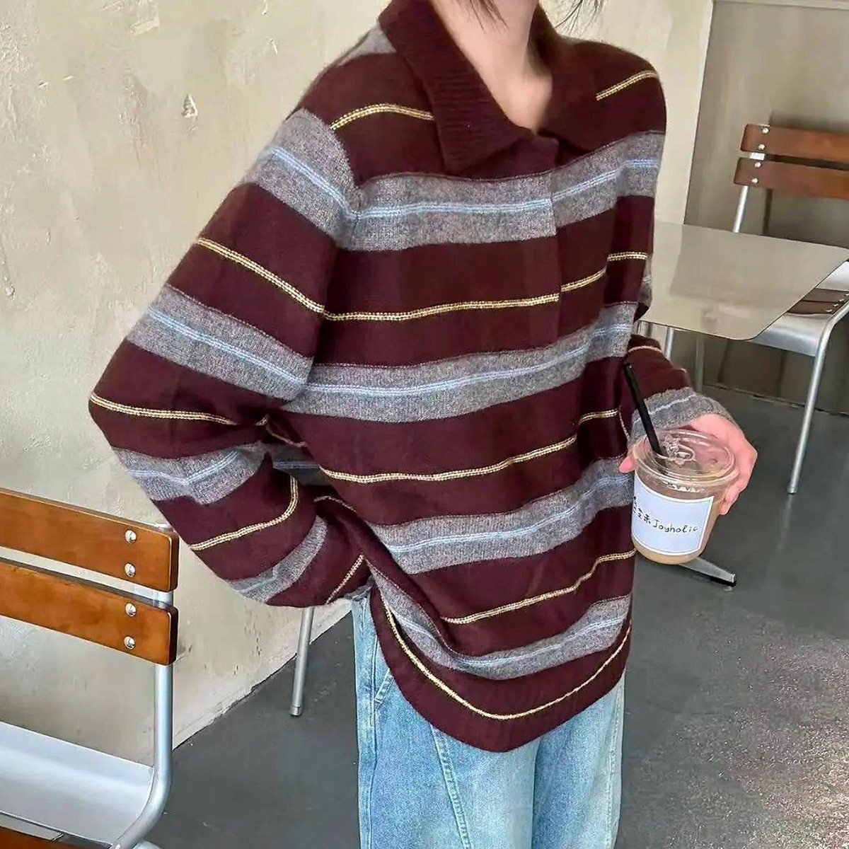 秋冬复古条纹羊绒羊毛衫女百搭