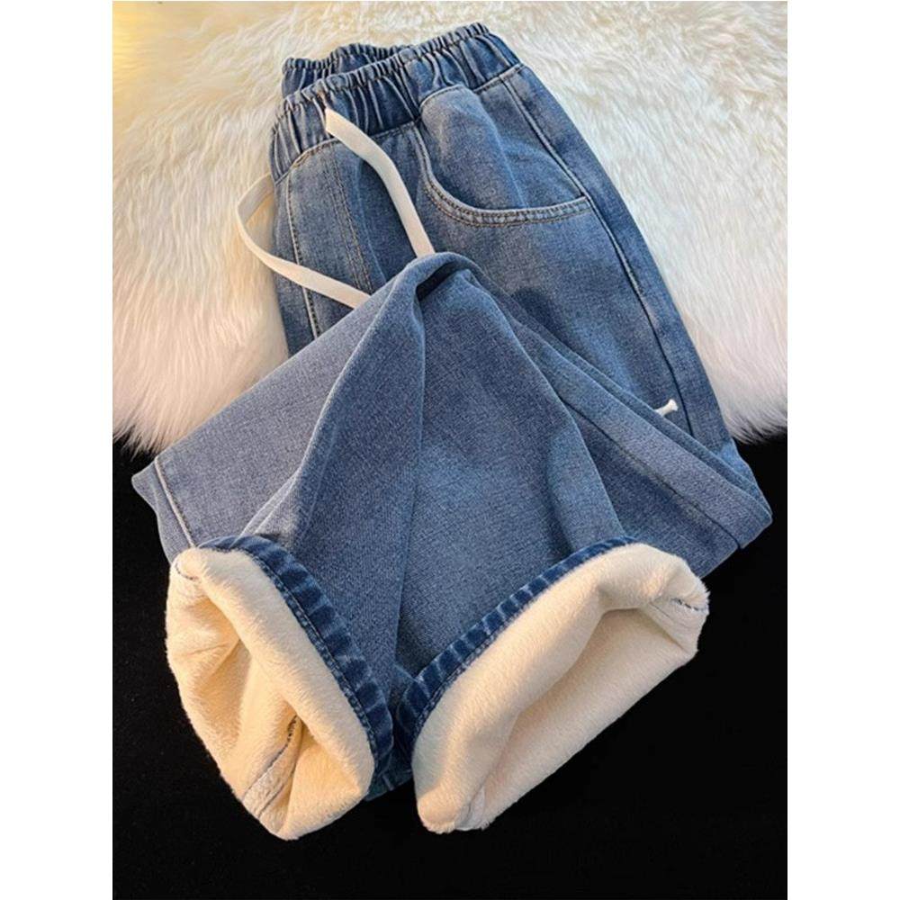 加绒加厚直筒牛仔裤女冬季2025新款小个子阔腿加棉松紧腰秋冬裤子