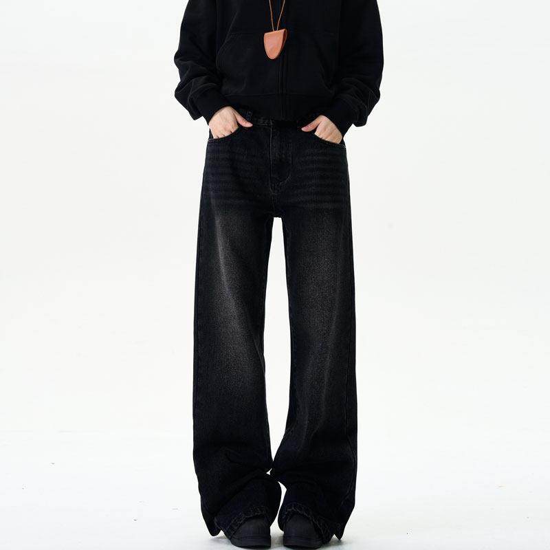YEBOUN美式水洗黑色牛仔裤男女宽松直筒阔腿窄版微喇高腰显瘦裤子
