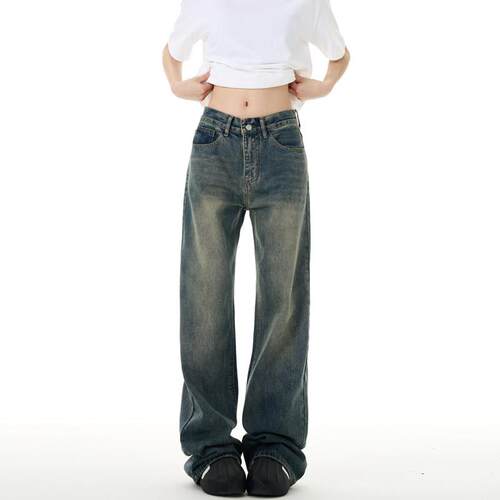 YEBOUN美式覆古牛仔裤男女深色高街水洗做旧高腰阔腿宽松直筒裤子