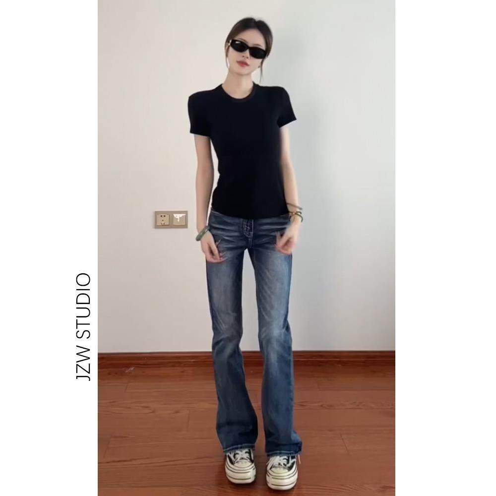 复古水道奇蓝微喇低腰窄版直筒牛仔裤女夏季新款显瘦小个子拖地裤