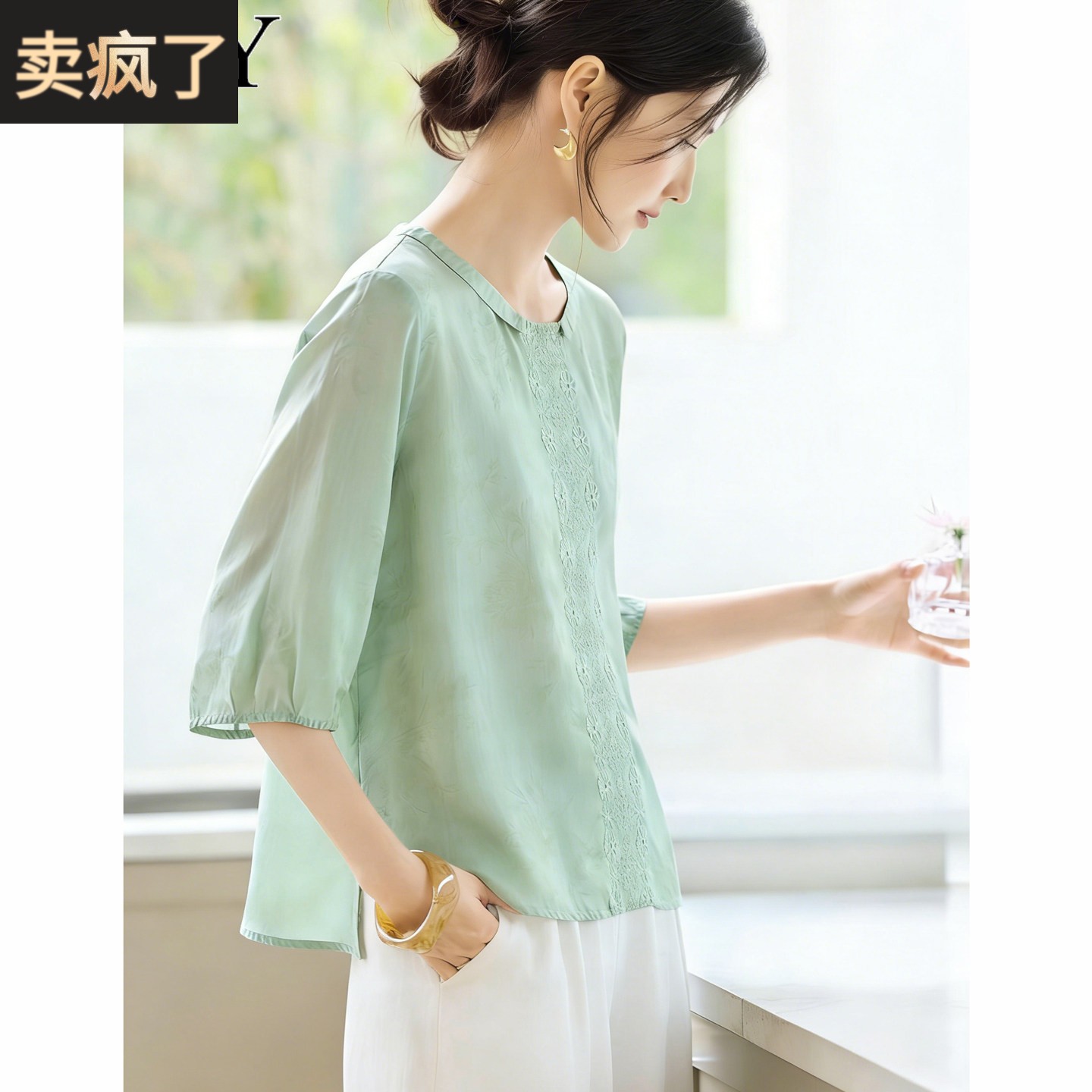 2026夏季新款休闲刺绣娃娃领苎麻小衫T恤宽松复古洋气文艺上衣女