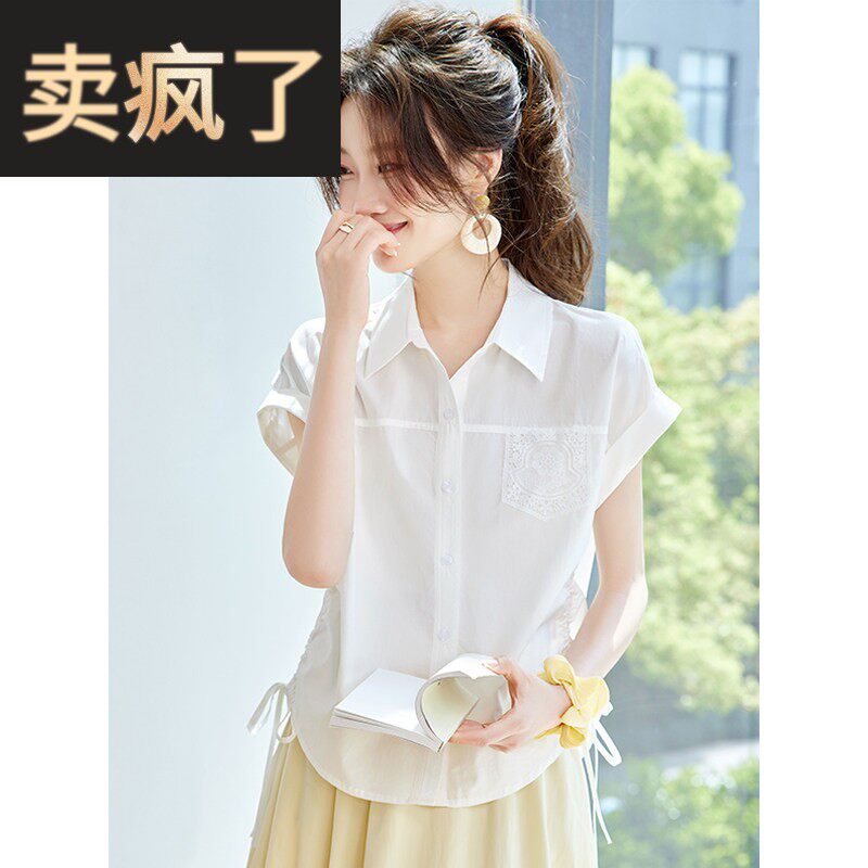2026夏装新款设计感小众抽绳衬衫女短袖t恤休闲减龄洋派纯棉上衣