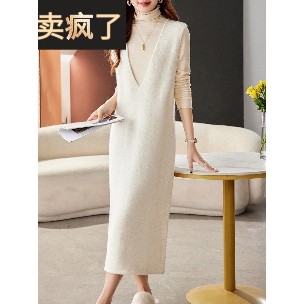 胖MM长款绵羊毛无袖马甲裙外搭女2025秋冬休闲背心连衣裙毛衣打底