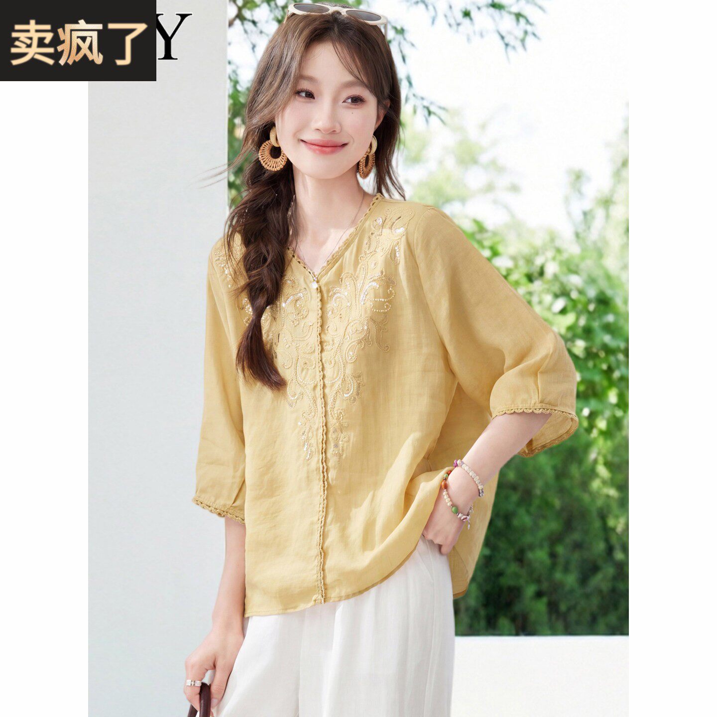 2026夏季新款法式花边V领苧麻T恤七分袖温柔优雅宽松淑女上衣薄款