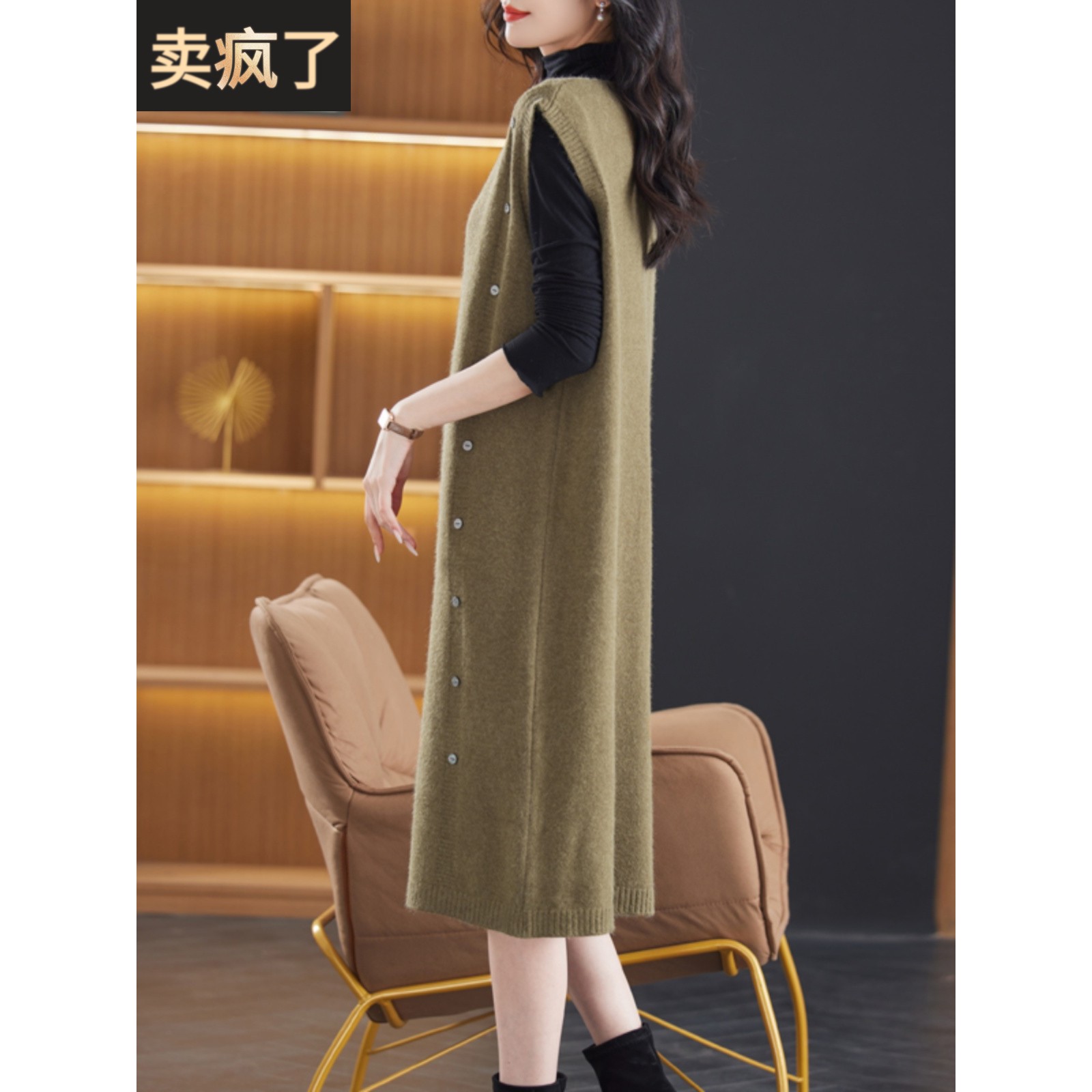 韩版中长款宽松马甲女v领针织连衣裙过膝无袖毛衣坎肩秋冬背心裙