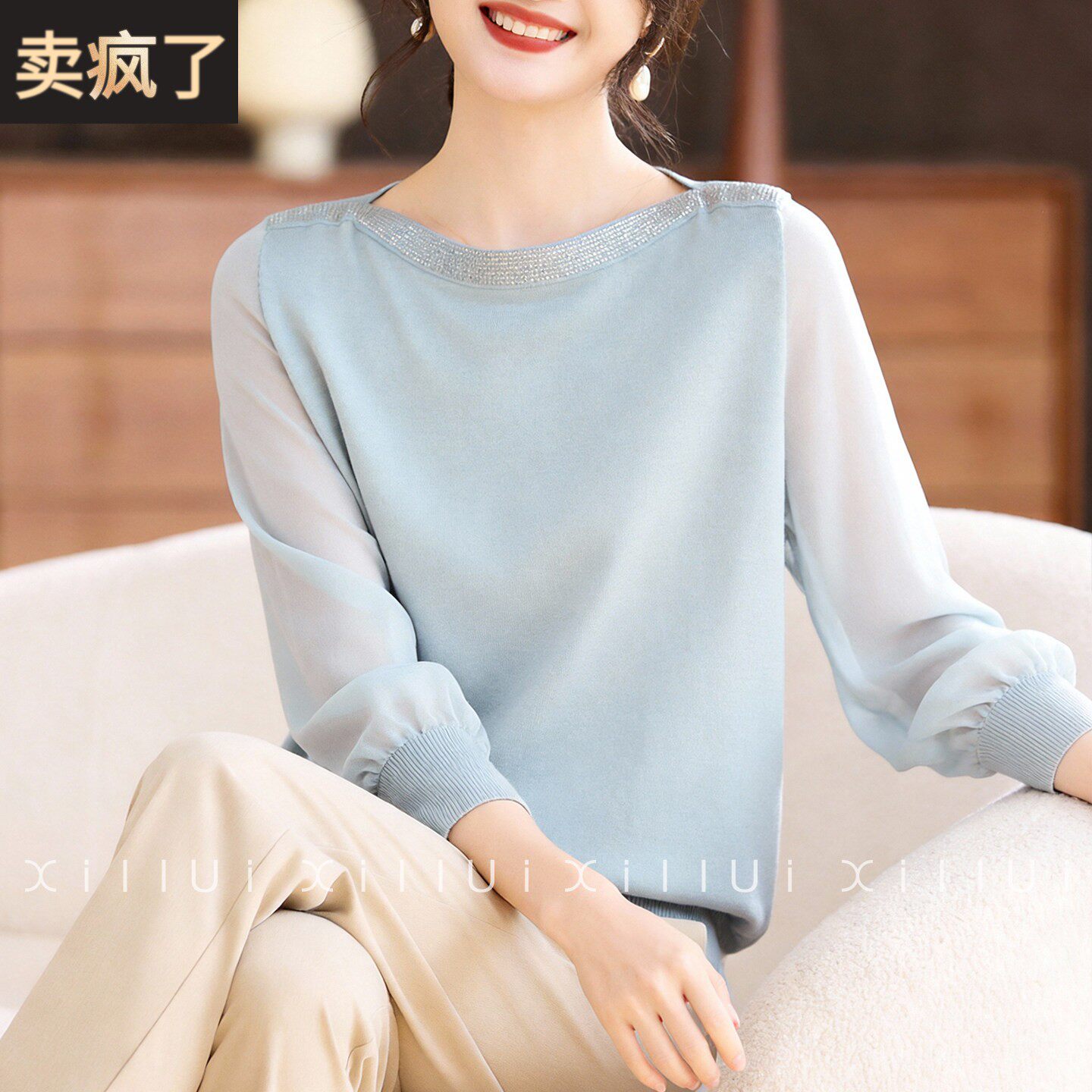 喜卉妈妈春装长袖针织打底小衫薄款圆领中老年女装春洋气百搭纱袖