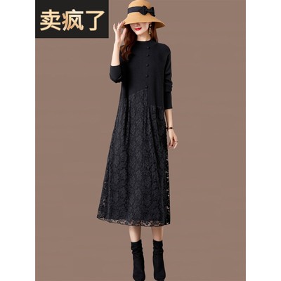 搭配大衣女士秋冬季内搭过膝毛衣蕾丝针织洋气打底衫长款连衣裙子