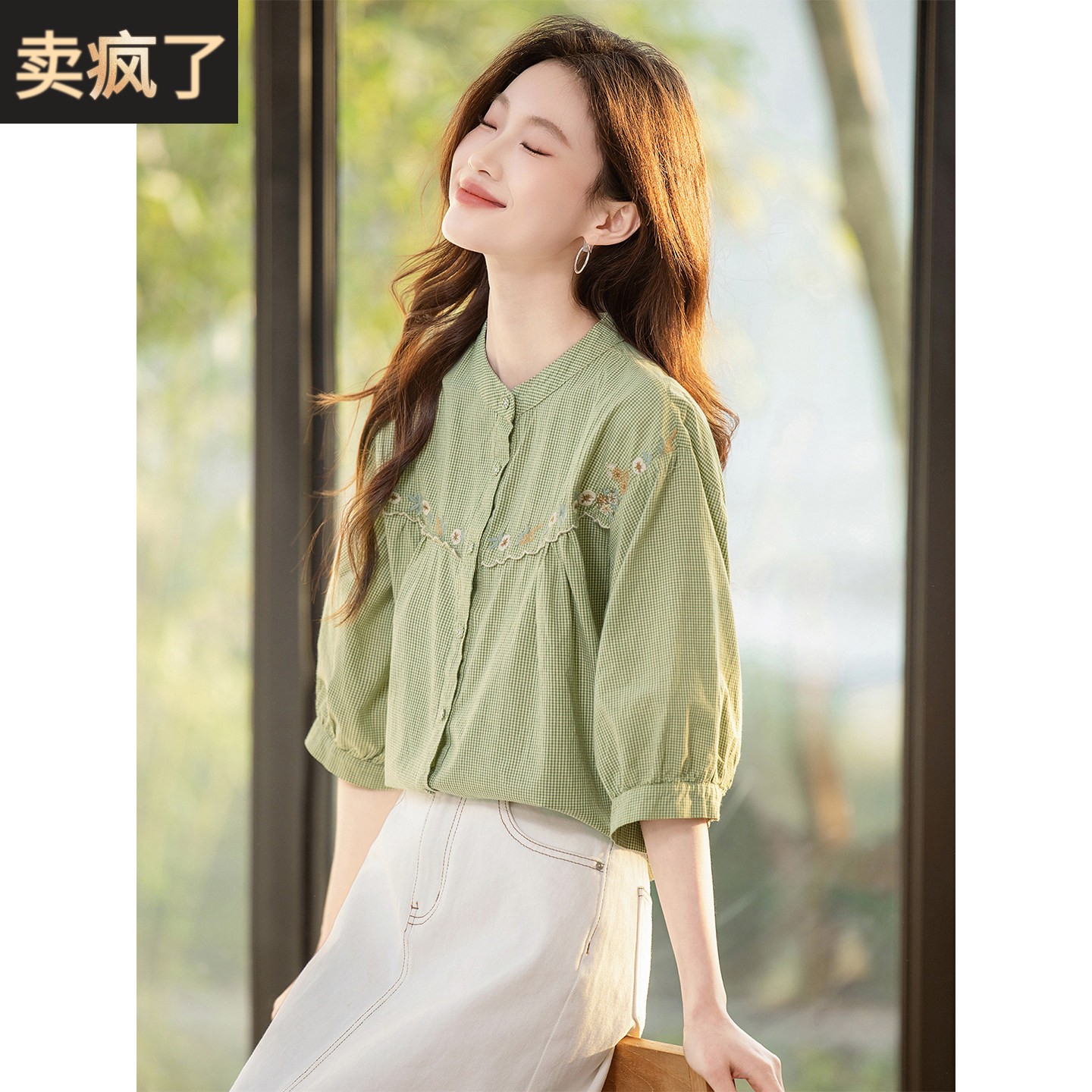 2026新款夏季纯棉中袖衬衫上衣女年轻妈妈刺绣花宽松遮肉衬衣小衫