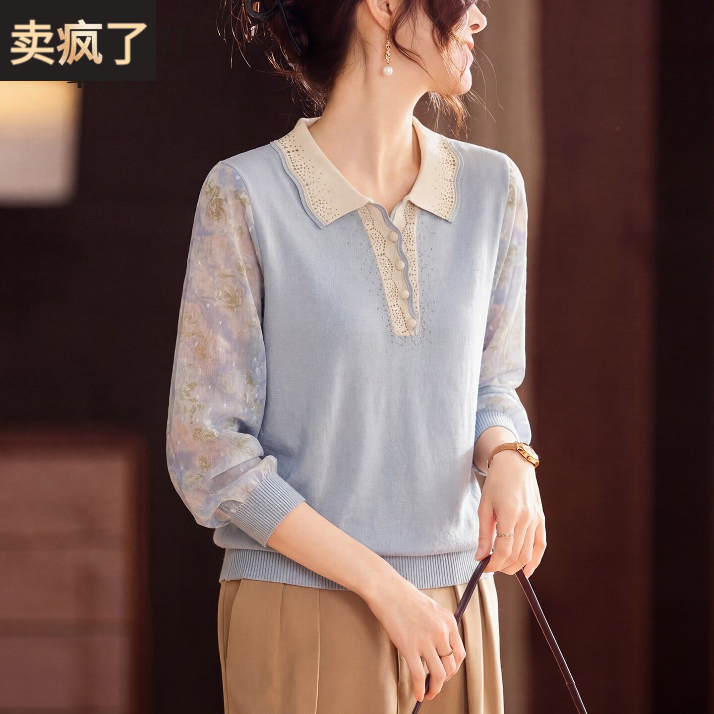 中老年女装翻领烫钻针织衫洋气薄款上衣妈妈春装气质冰丝纱袖小衫