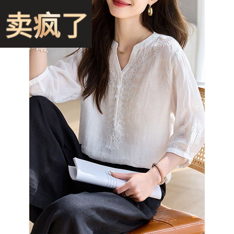 2026新款春夏季七分袖苧麻衬衫上衣女中年妈妈棉麻风宽松白色小衫