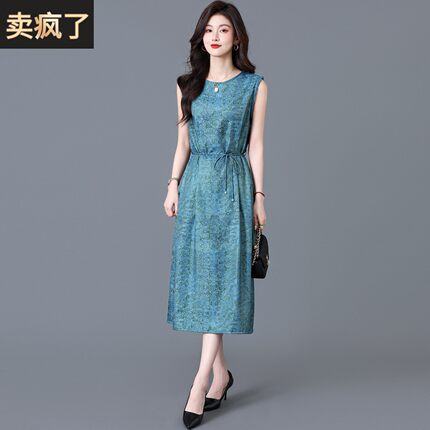 新中式香云纱真丝缎面连衣裙女高级感气质妈妈显瘦桑蚕丝无袖裙子