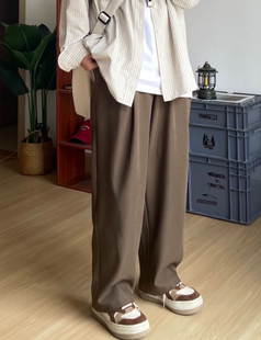 B东日系男装复古直筒秋夏款阔腿宽松纯色咖啡色西裤垂感休闲长裤