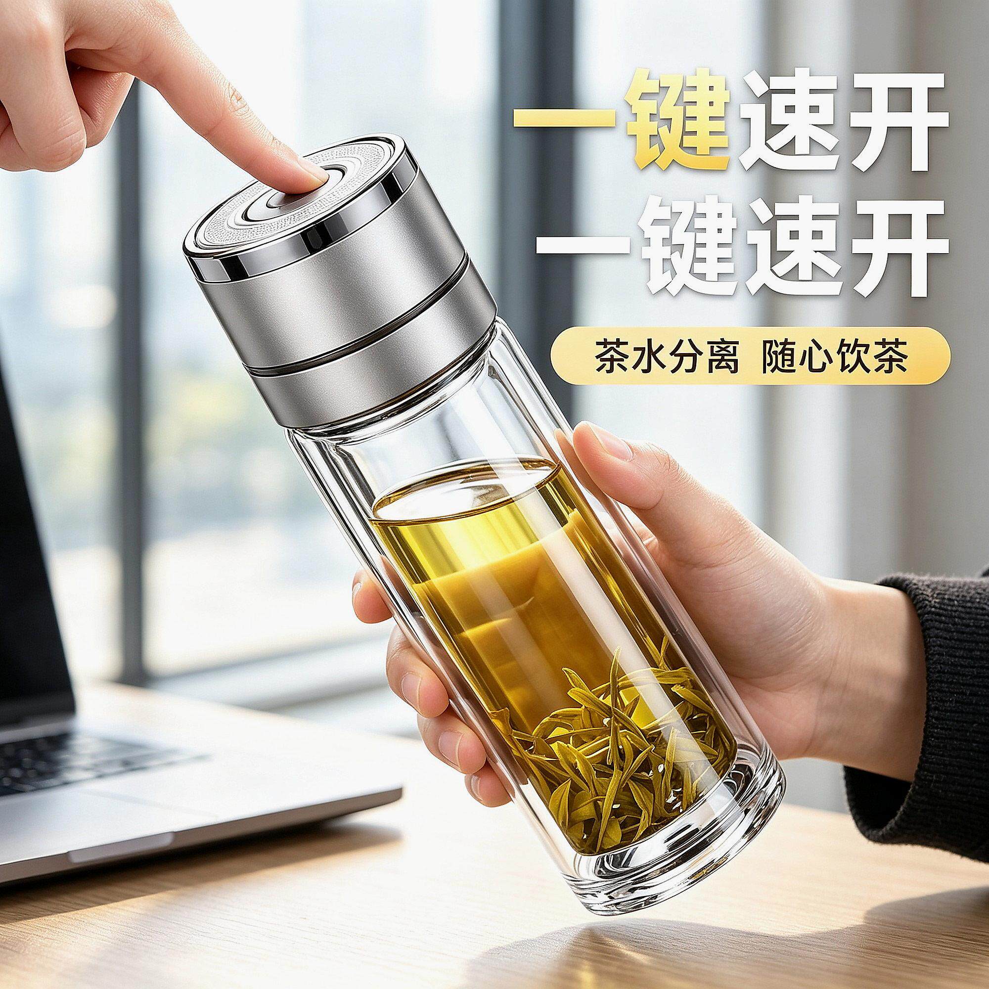 茶水分离杯一键按压开盖杯车载