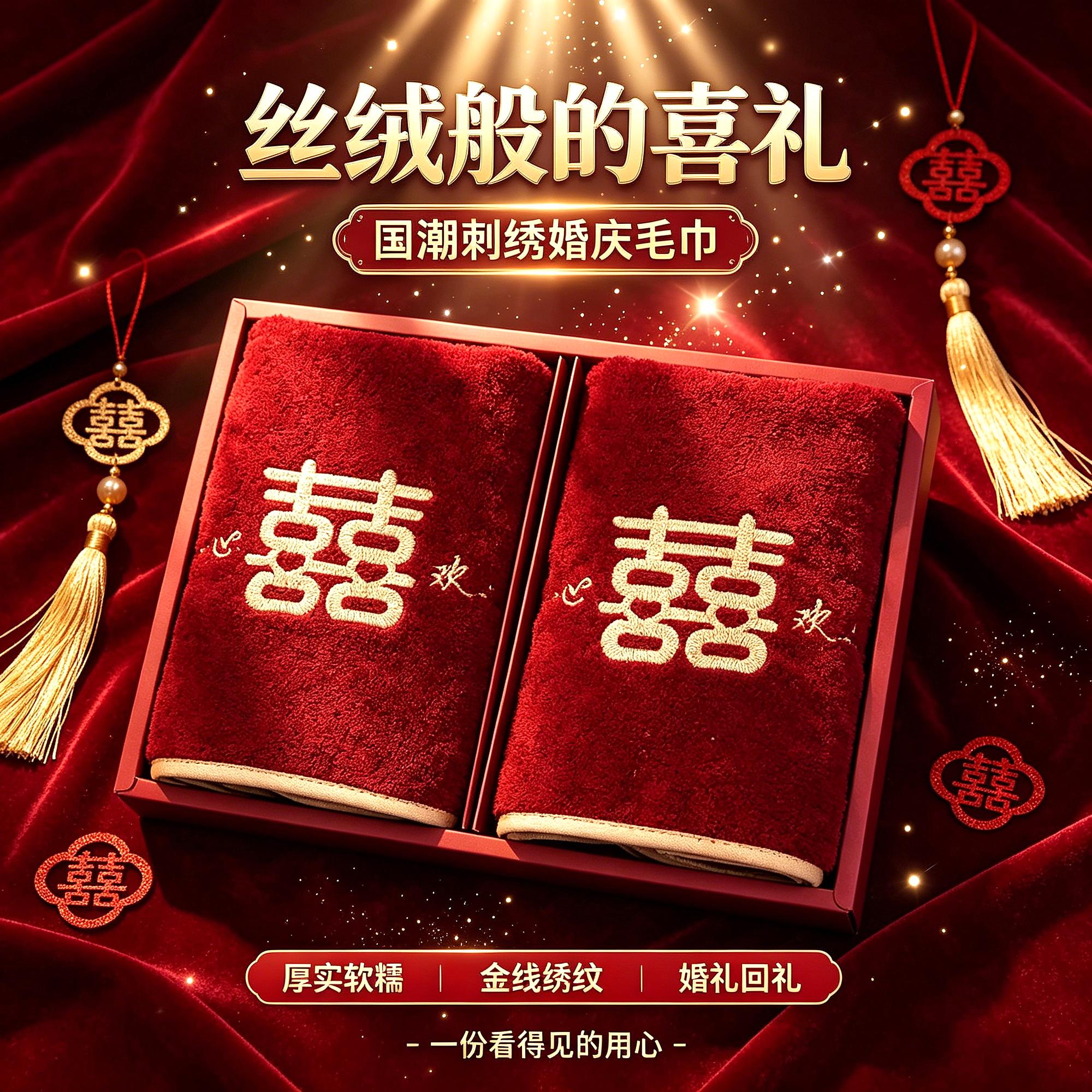 刺绣出嫁红色结婚一对毛巾红色