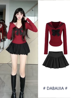 圣诞穿搭蝴蝶结红色海军领针织衫2023纯欲修身百褶裙匹配短裙套装