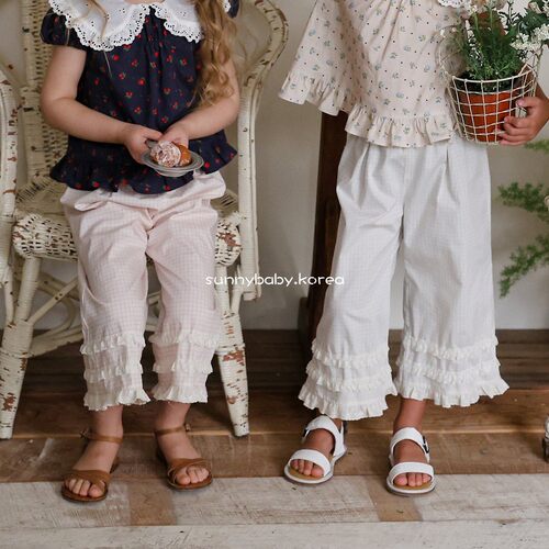 FLO韩国进口童装代购26夏女小童棉柔甜美蕾丝花边时尚格纹休闲裤