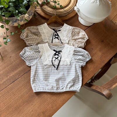 MARRON韩国童装代购26夏女童小童蕾丝花边蝴蝶结格纹拼接短袖T恤