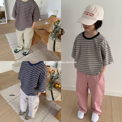ARTICLE韩国童装代购26春男女小大童复古经典条纹圆领百搭短袖T恤